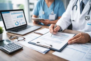 Healthcare team reviewing billing documents and reports